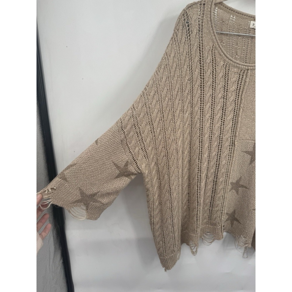 POL Knit Distressed Star Print Sweater Oversized Women S Brown Granolagirl Retro - Picture 7 of 7
